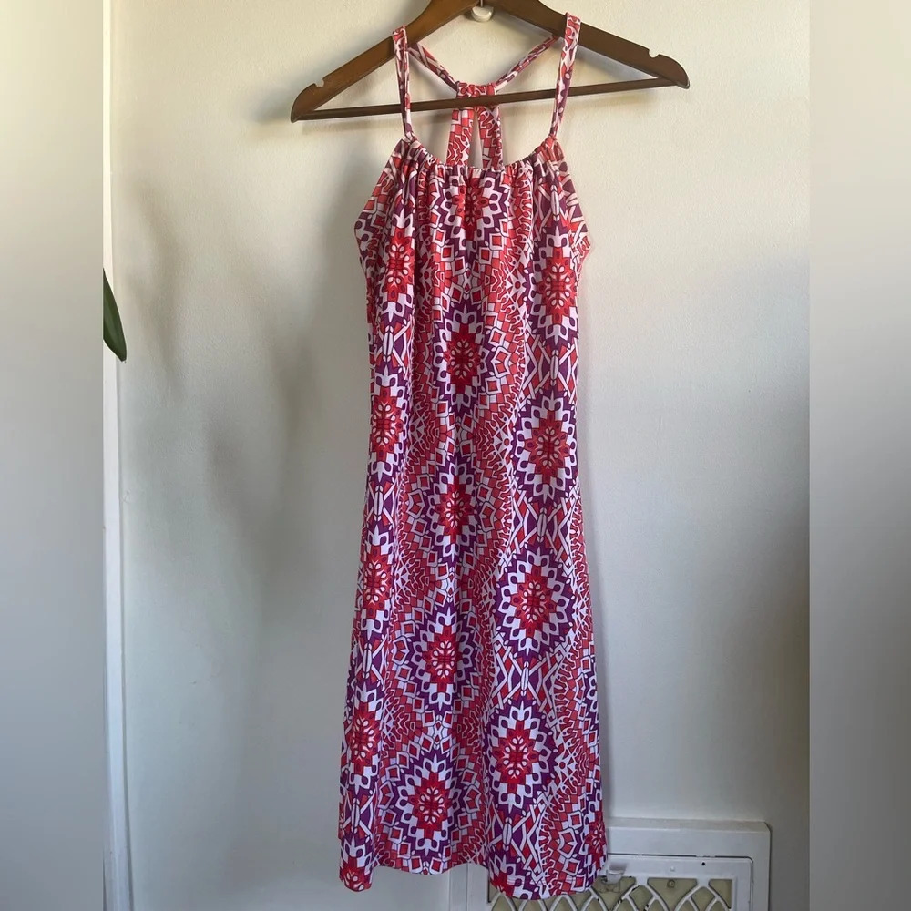 Prana Halter Dress, Purple & Orange Geometric Print, Women's XS